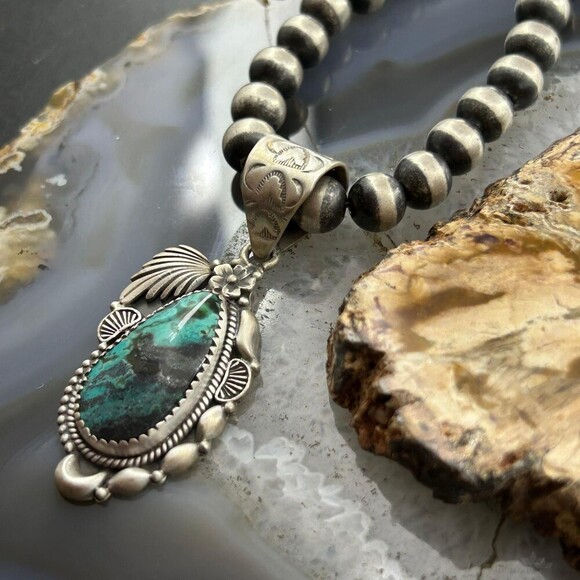 Sterling Southwestern Style Teardrop Turquoise Decorated Pendant For Women - Picture 4 of 10